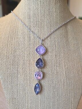 TOUCHSTONE CRYSTAL Silver Purple Gemstone Drop Necklace. 32" W/3" Extender Chain
